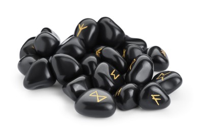 Photo of Pile of black rune stones isolated on white