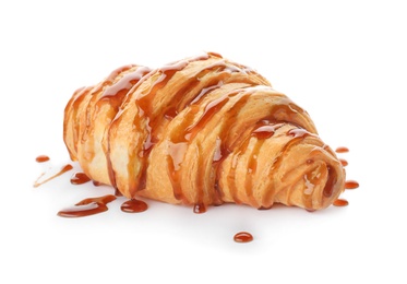 Photo of Tasty croissant with sauce on white background