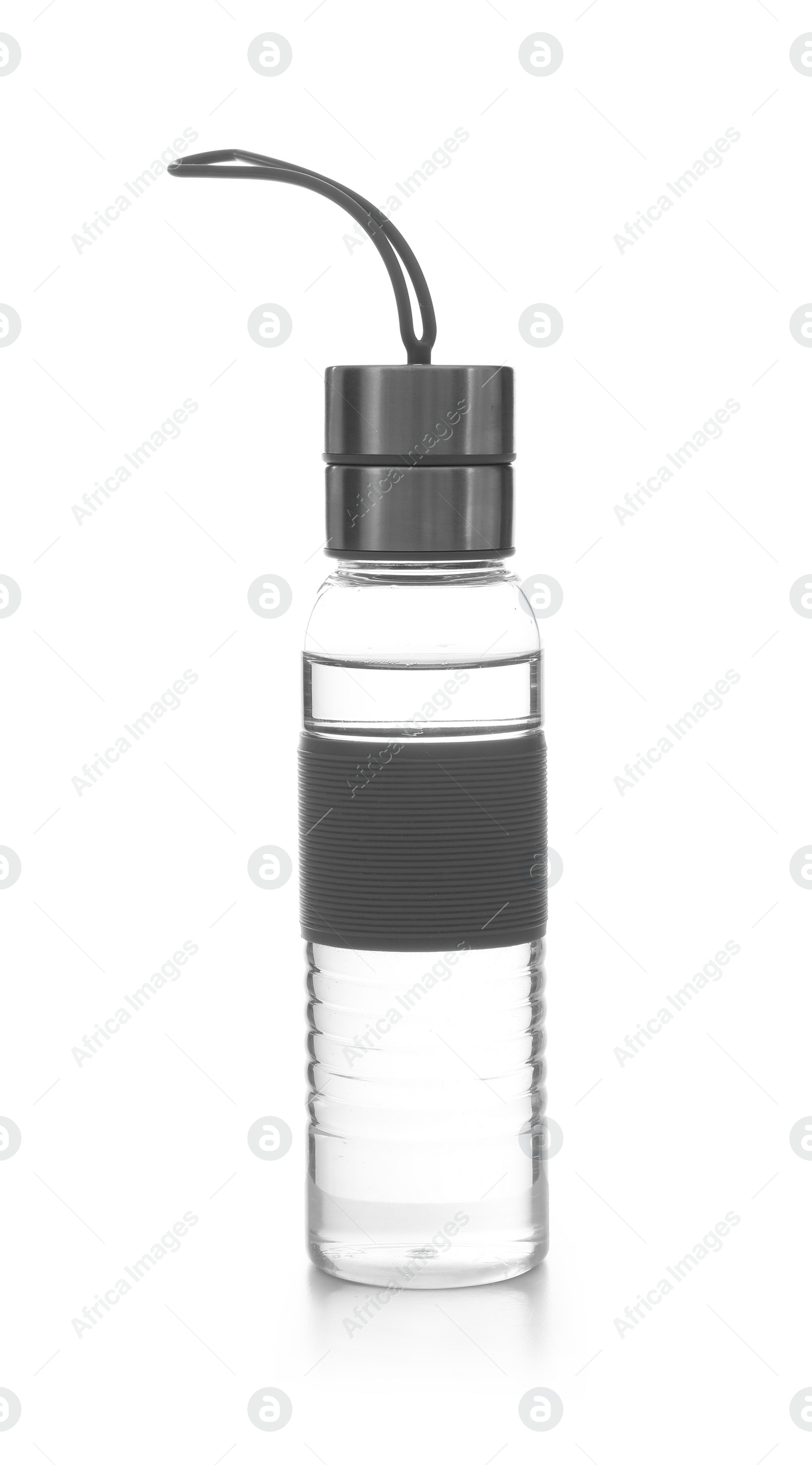 Photo of Sport water bottle with strap on white background