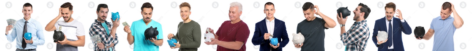Image of Collage with photos of men holding piggy banks on white background. Banner design