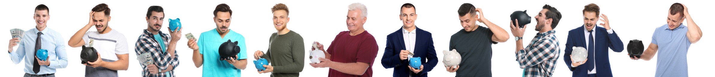 Image of Collage with photos of men holding piggy banks on white background. Banner design
