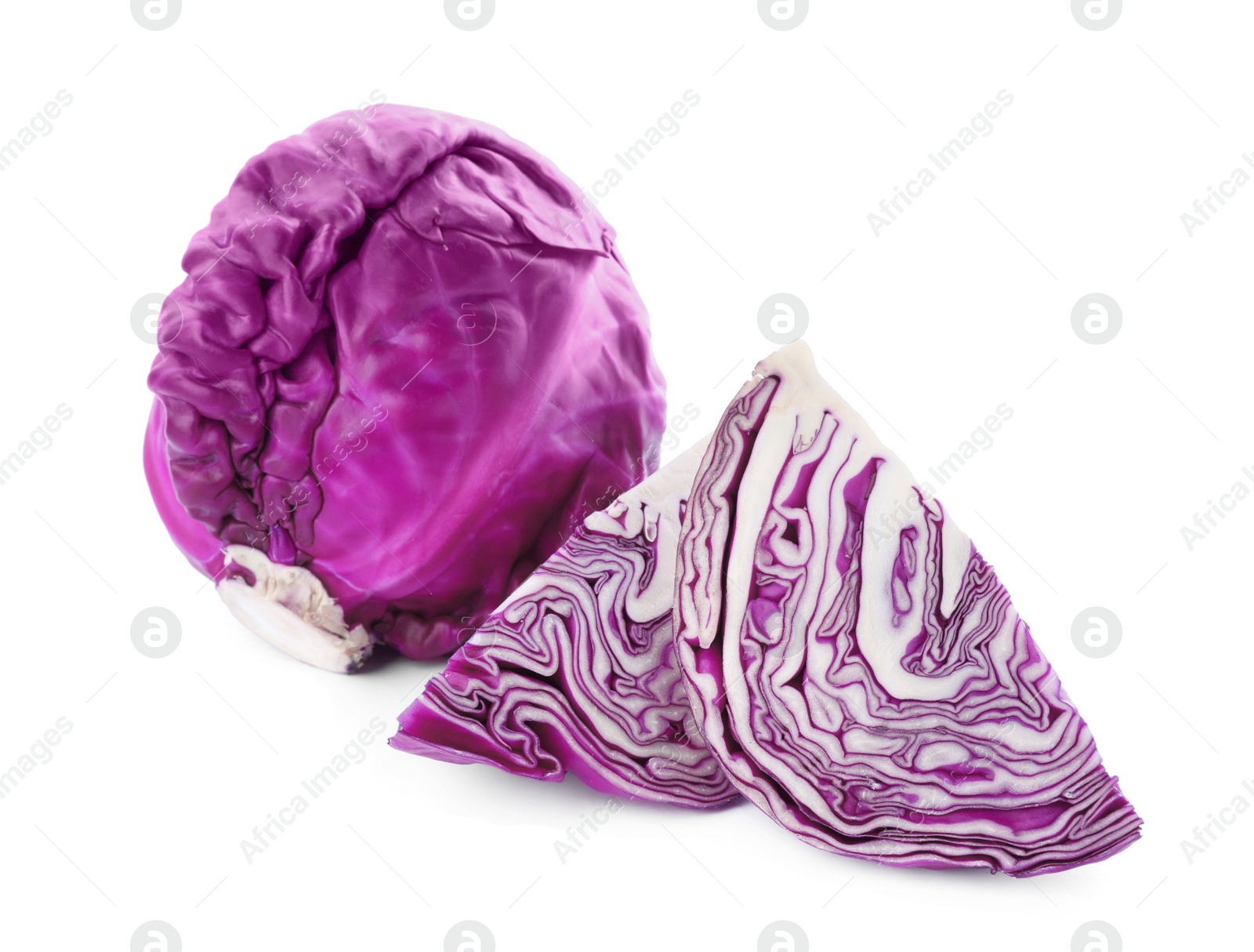 Photo of Whole and cut red cabbages on white background