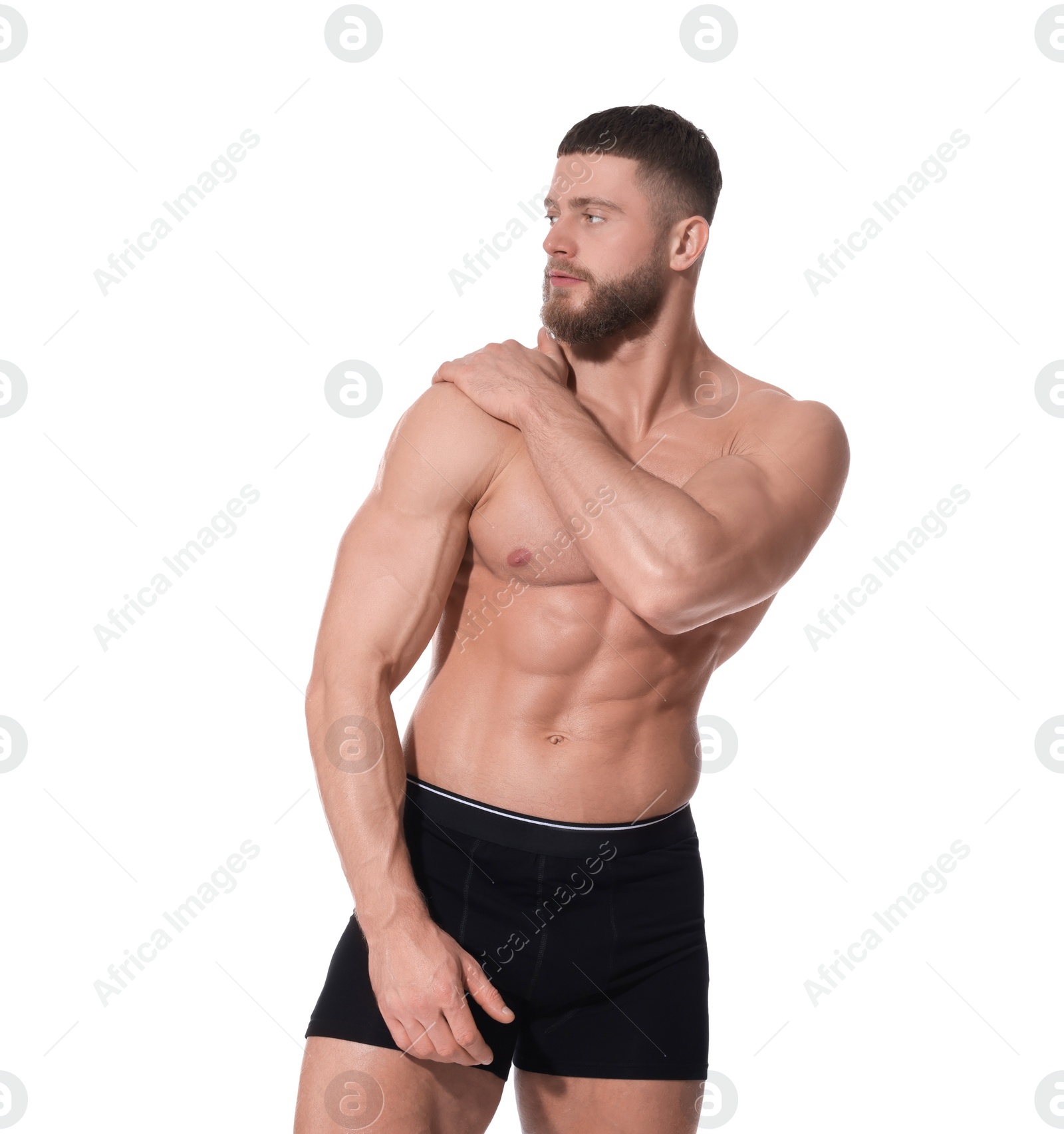 Photo of Young man is stylish black underwear on white background