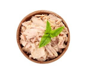 Bowl with canned tuna on white background, top view