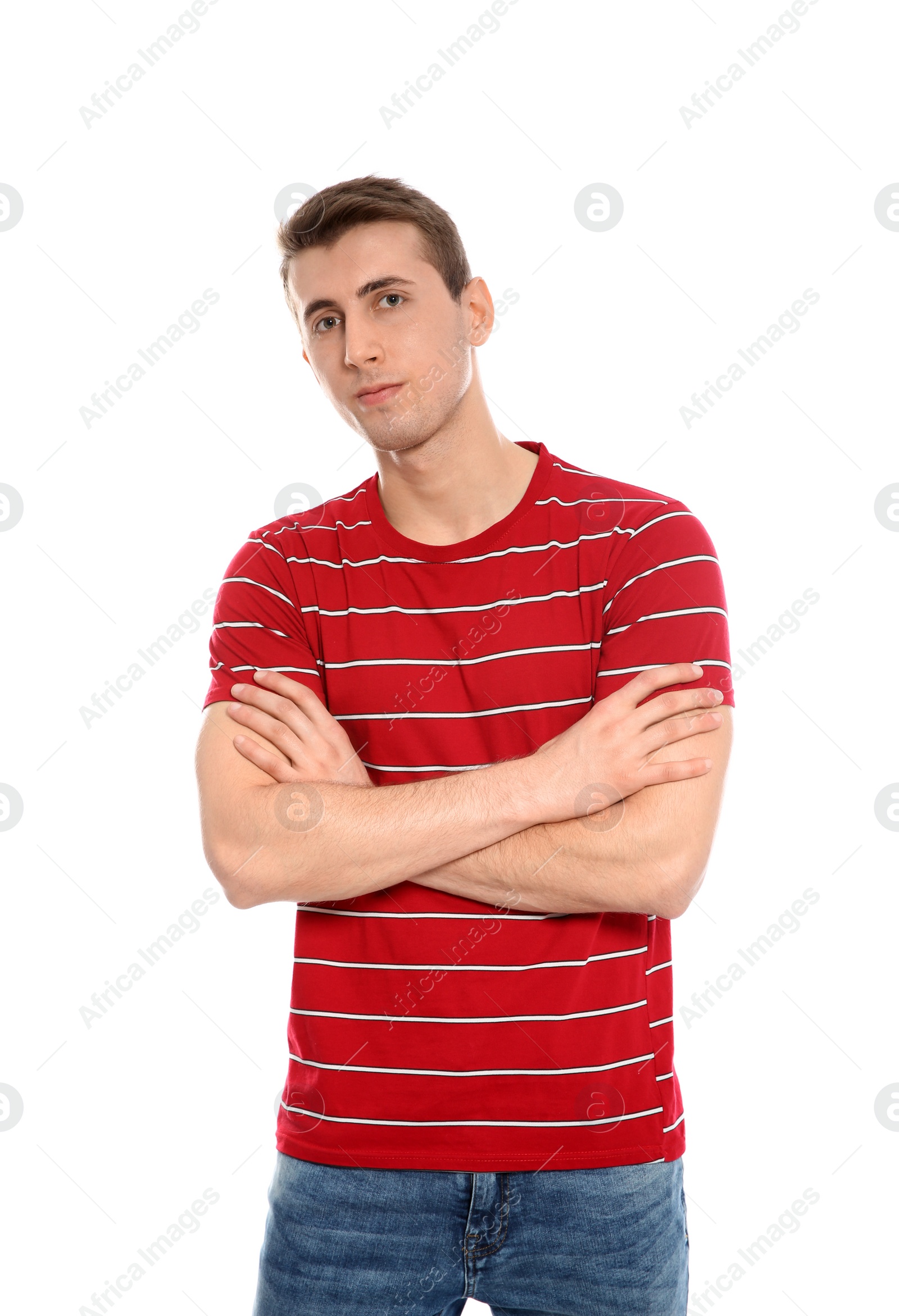 Photo of Portrait of young man in stylish clothes on white background