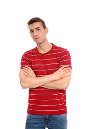 Portrait of young man in stylish clothes on white background