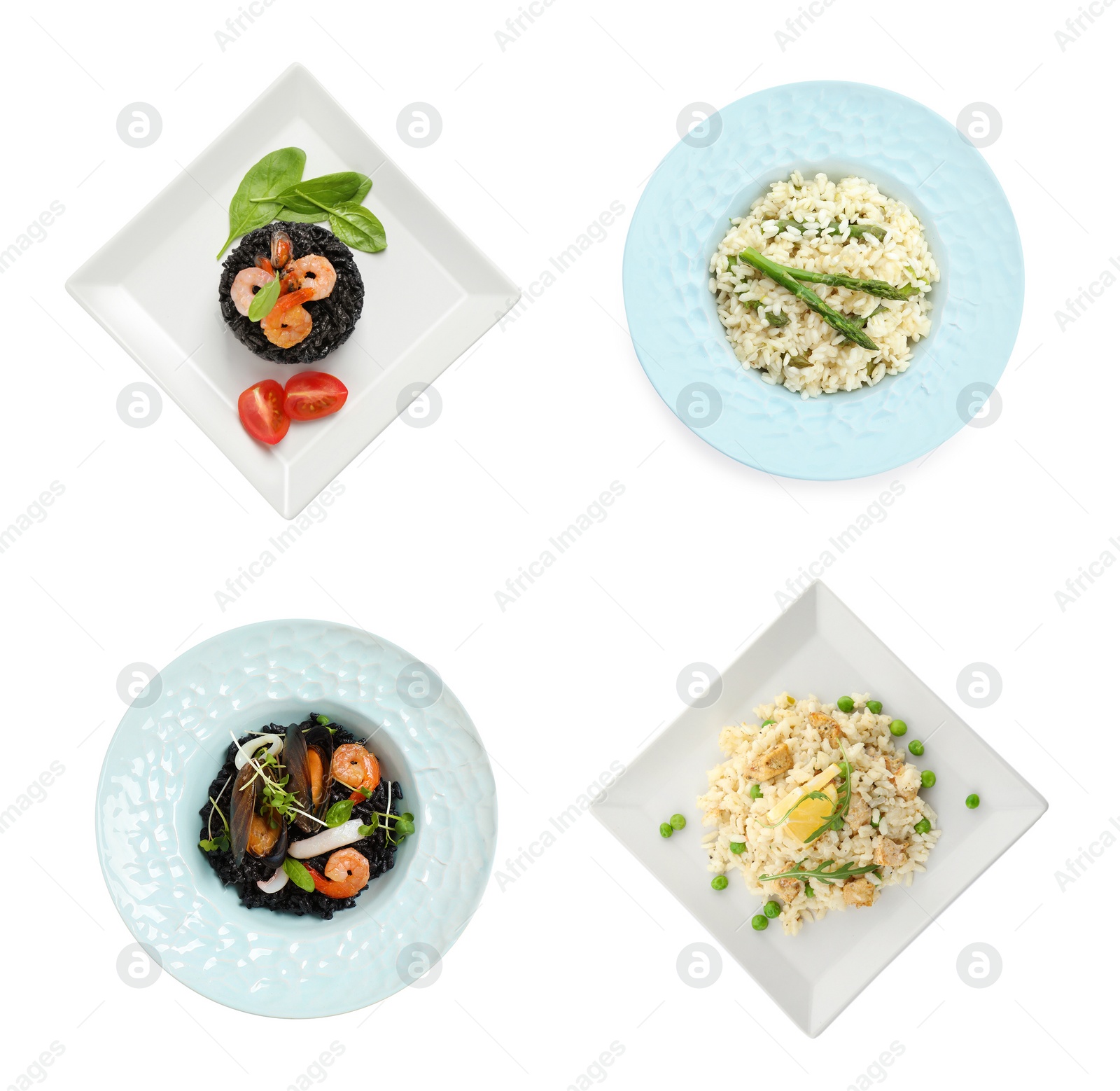 Image of Collage with delicious rissotos on white background, top view