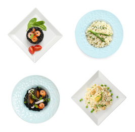 Image of Collage with delicious rissotos on white background, top view
