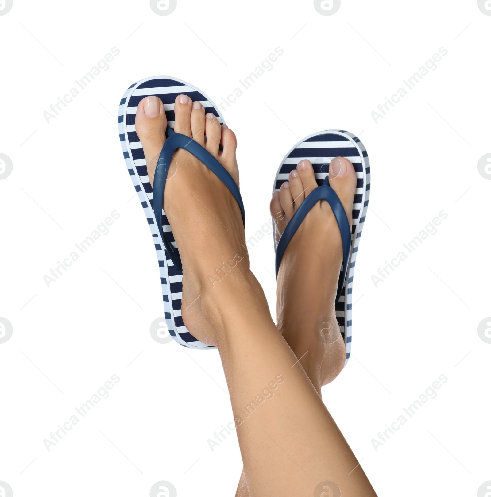 Photo of Woman wearing stylish flip flops on white background, closeup
