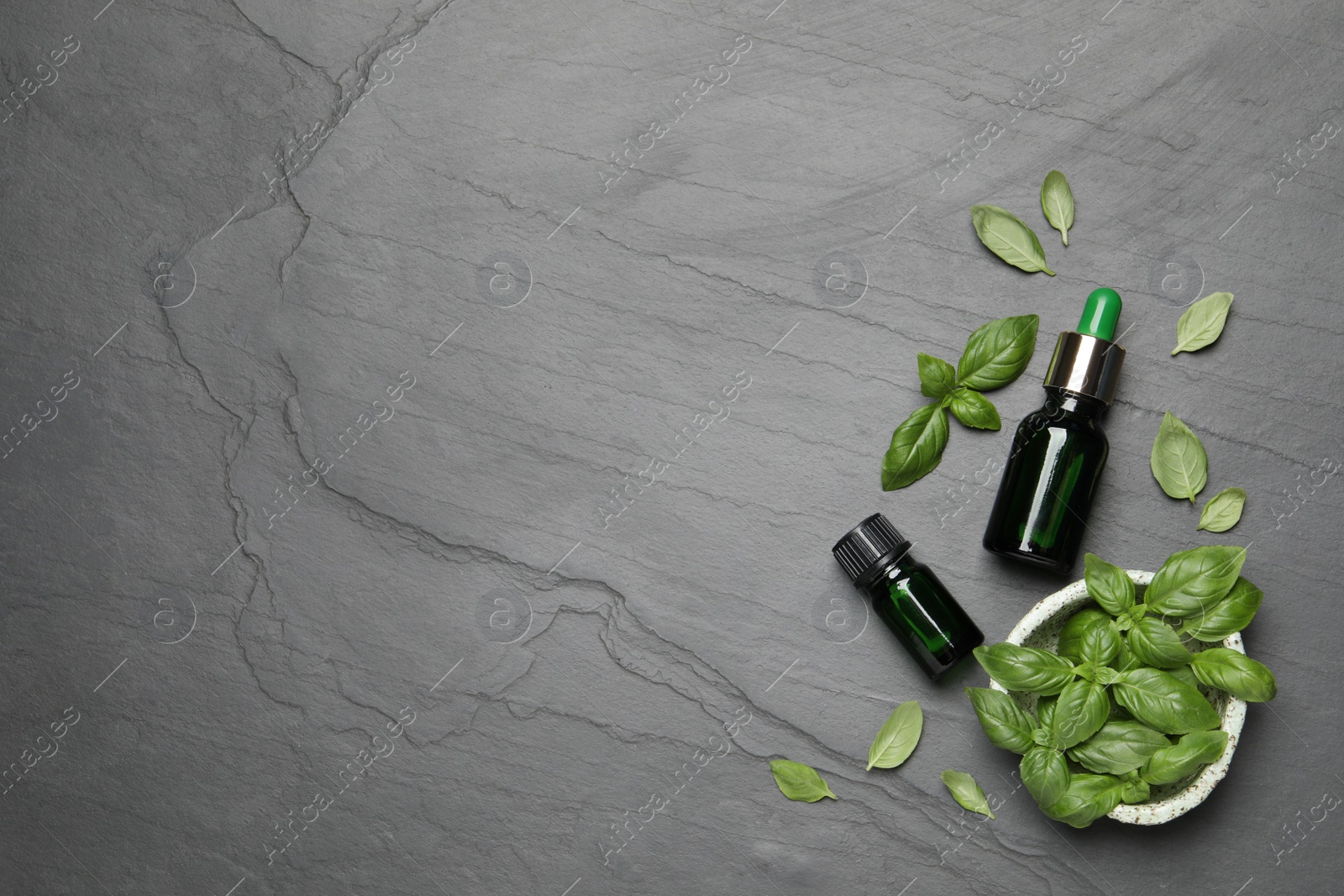 Photo of Bottles of essential basil oil and fresh leaves on dark grey table, flat lay. Space for text