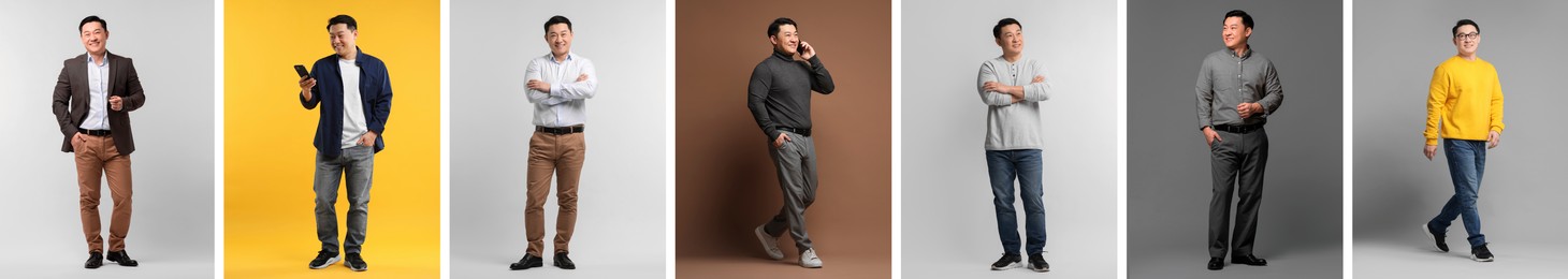 Full length portrait of Asian man on color backgrounds, set with photos