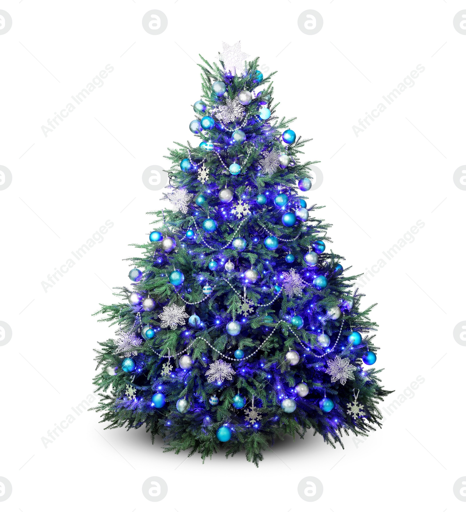 Photo of Beautiful Christmas tree decorated with ornaments and festive lights isolated on white