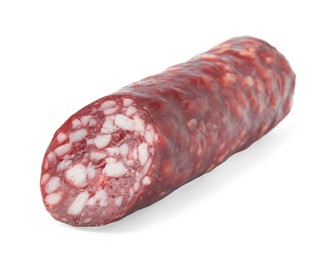 Photo of Half of delicious smoked sausage isolated on white