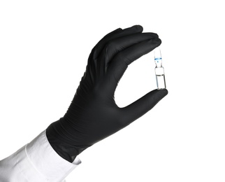 Photo of Doctor in medical glove holding ampoule on white background