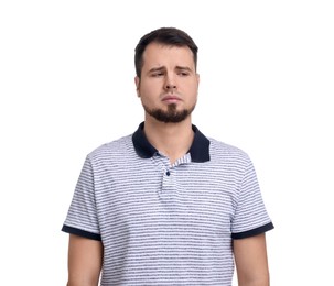 Photo of Portrait of sad man on white background