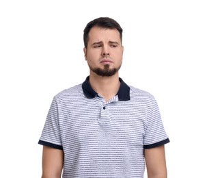 Portrait of sad man on white background