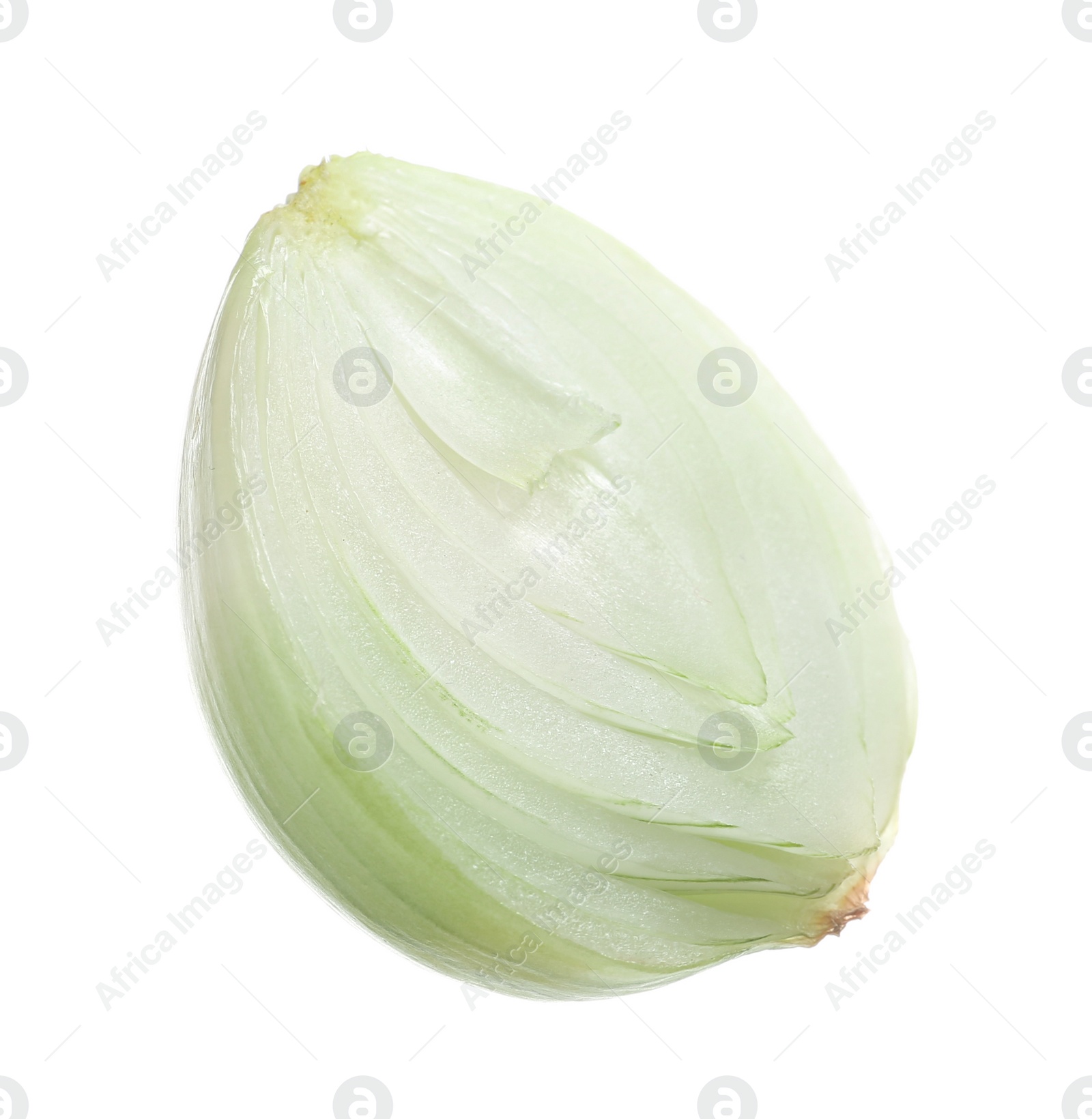 Photo of Slice of fresh ripe onion on white background