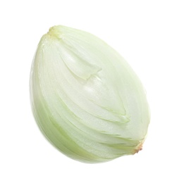 Photo of Slice of fresh ripe onion on white background