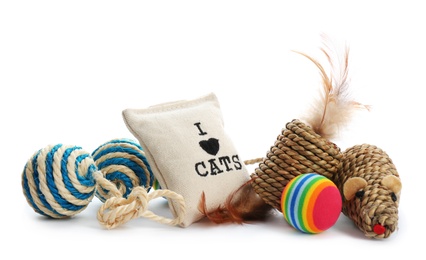 Photo of Cat toys and accessories on white background. Pet care