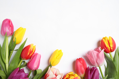 Photo of Beautiful spring tulips on white background, top view