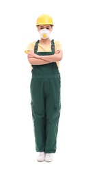 Photo of Female industrial worker in uniform on white background. Safety equipment