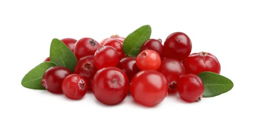 Photo of Pile of fresh ripe cranberries with leaves isolated on white