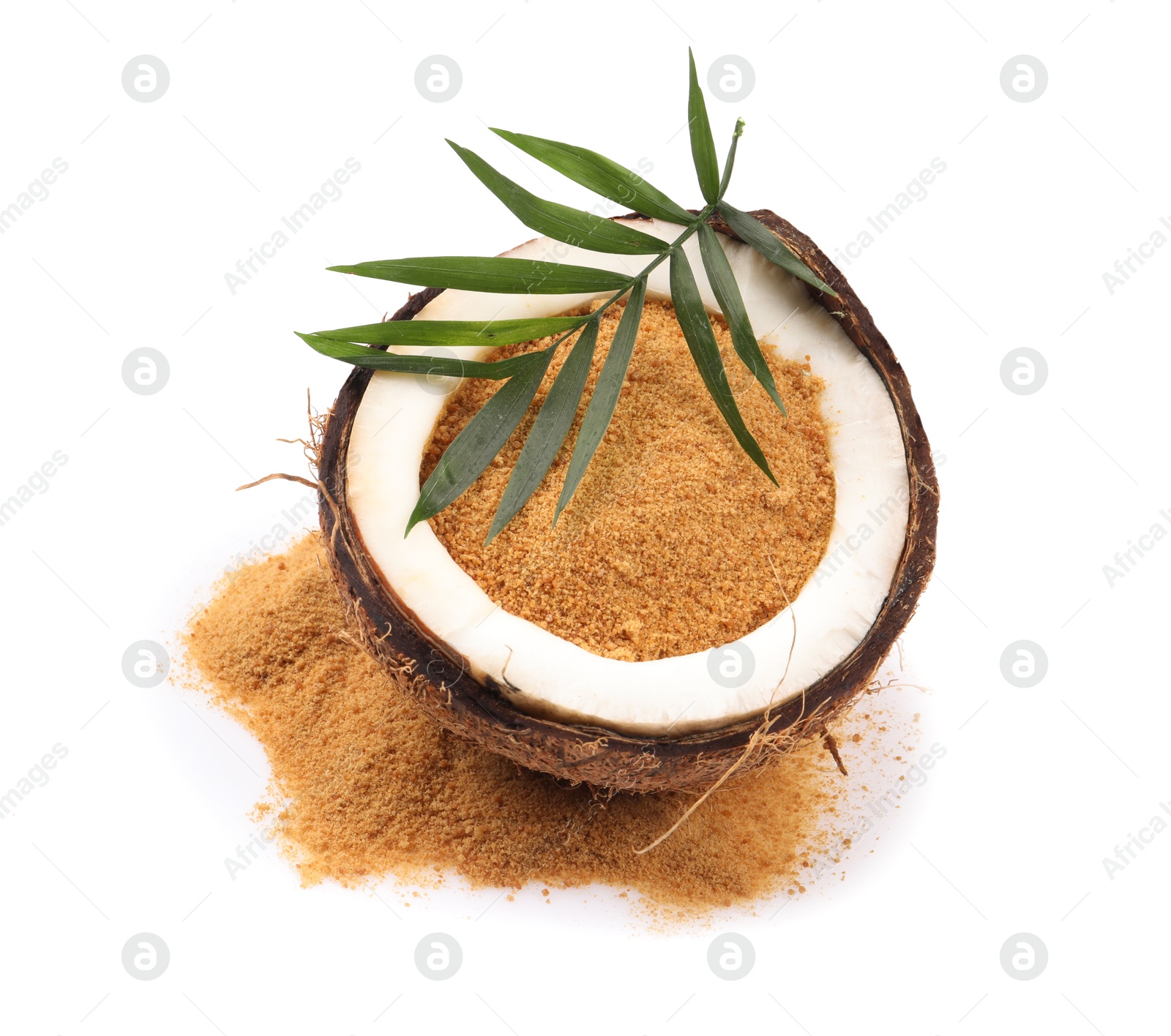 Photo of Coconut sugar, fruit and palm leaf isolated on white