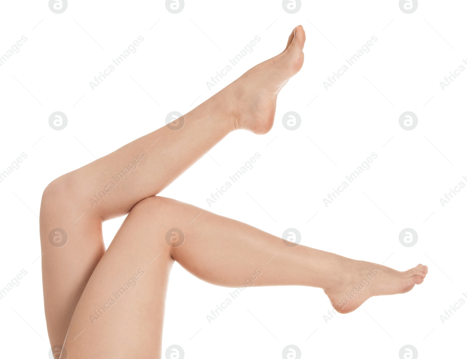 Photo of Young woman showing smooth silky skin after epilation on white background