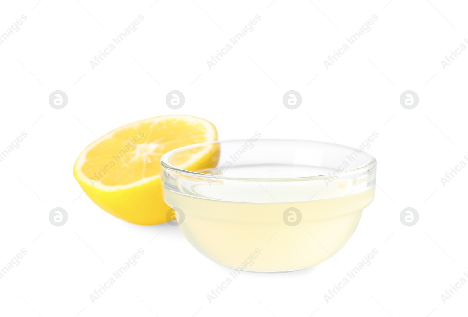Photo of Freshly squeezed lemon juice on white background