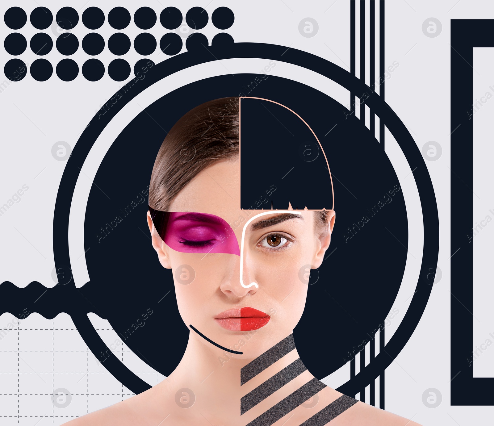 Image of Stylish artwork. Face photo pieces and geometric figures combined into creative portrait of beautiful woman