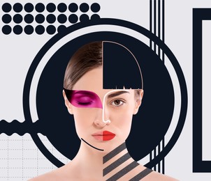 Stylish artwork. Face photo pieces and geometric figures combined into creative portrait of beautiful woman