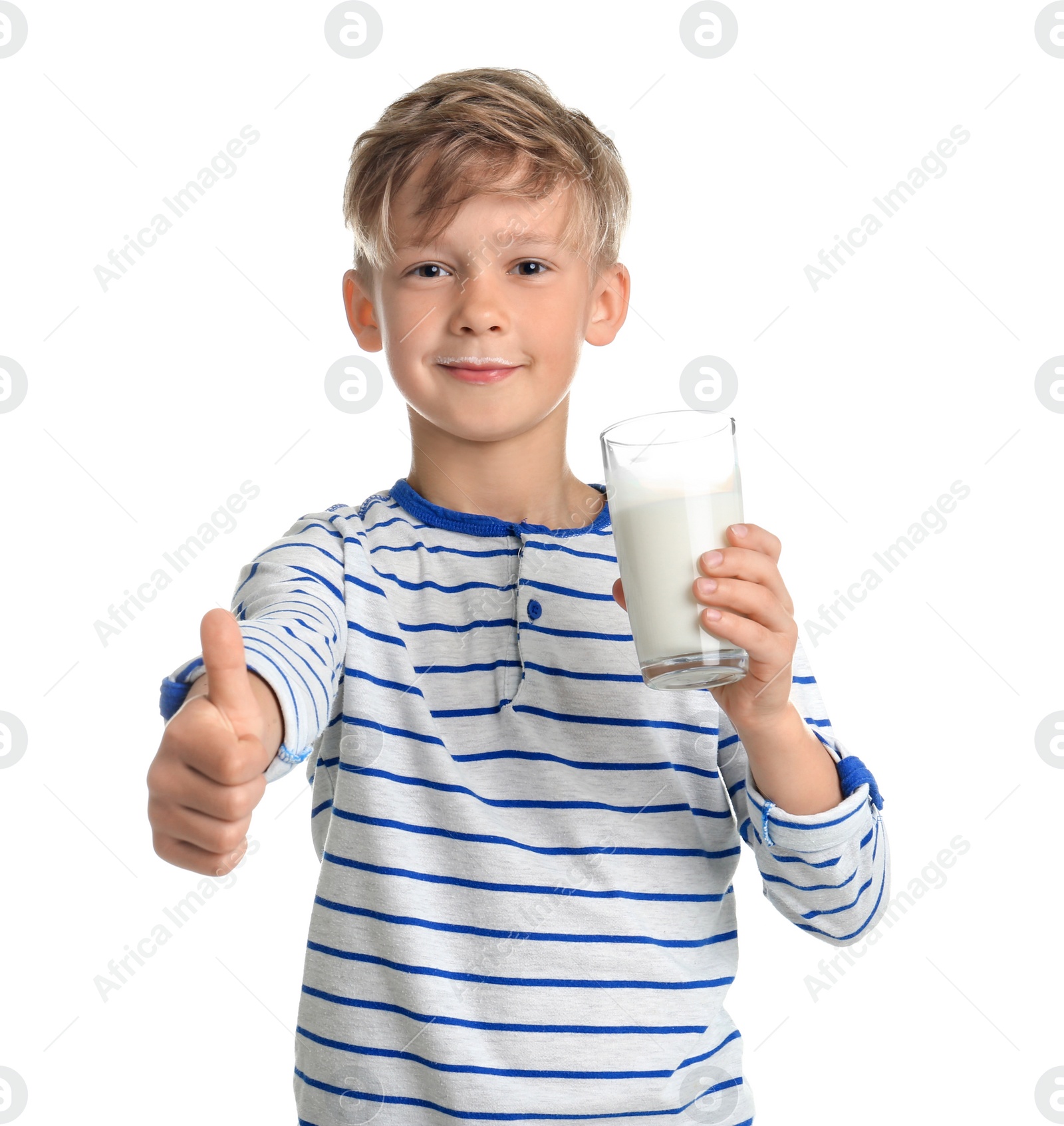 Photo of Adorable little boy with glass of milk on white background