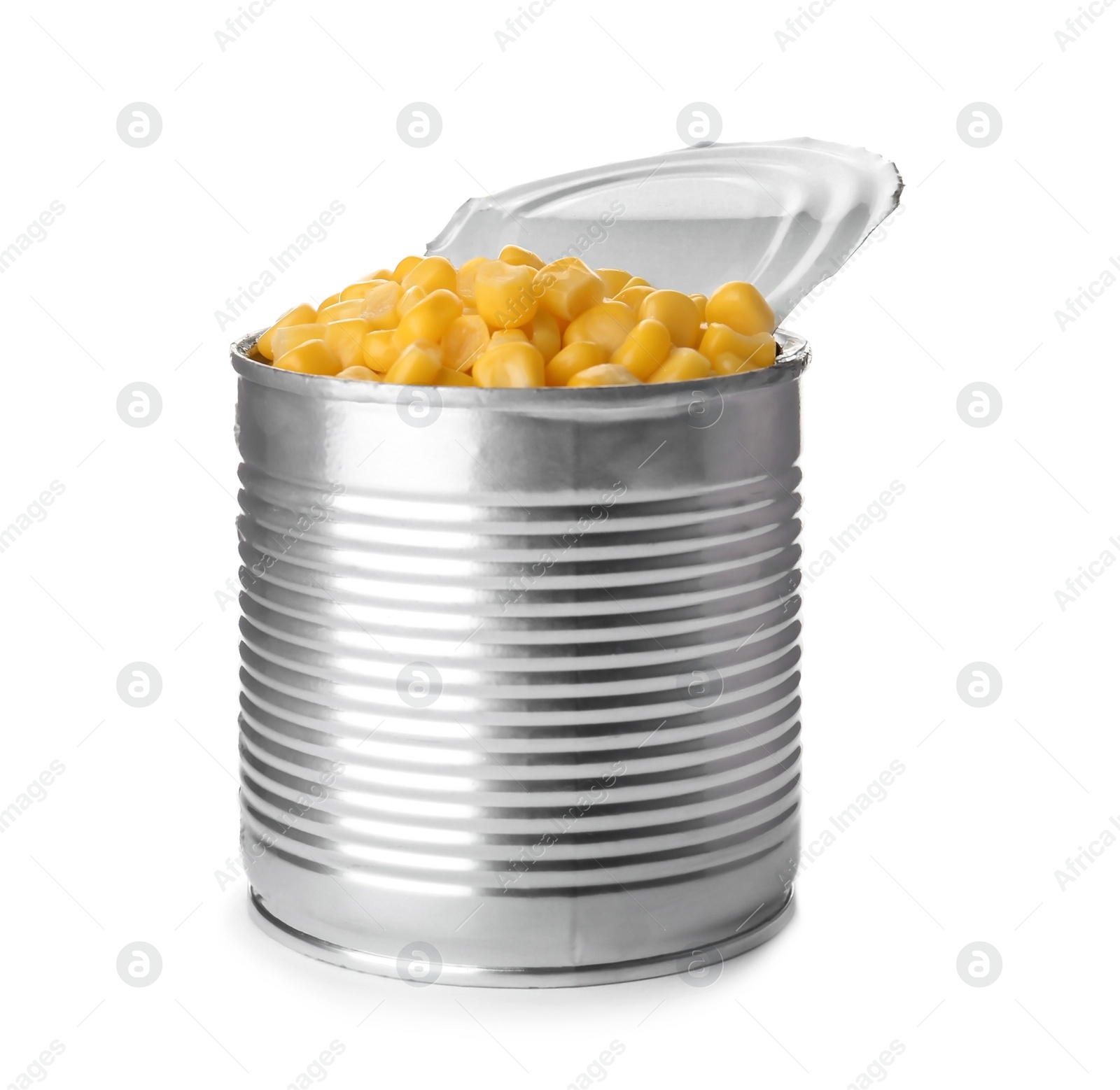 Photo of Tin can with conserved corn on white background