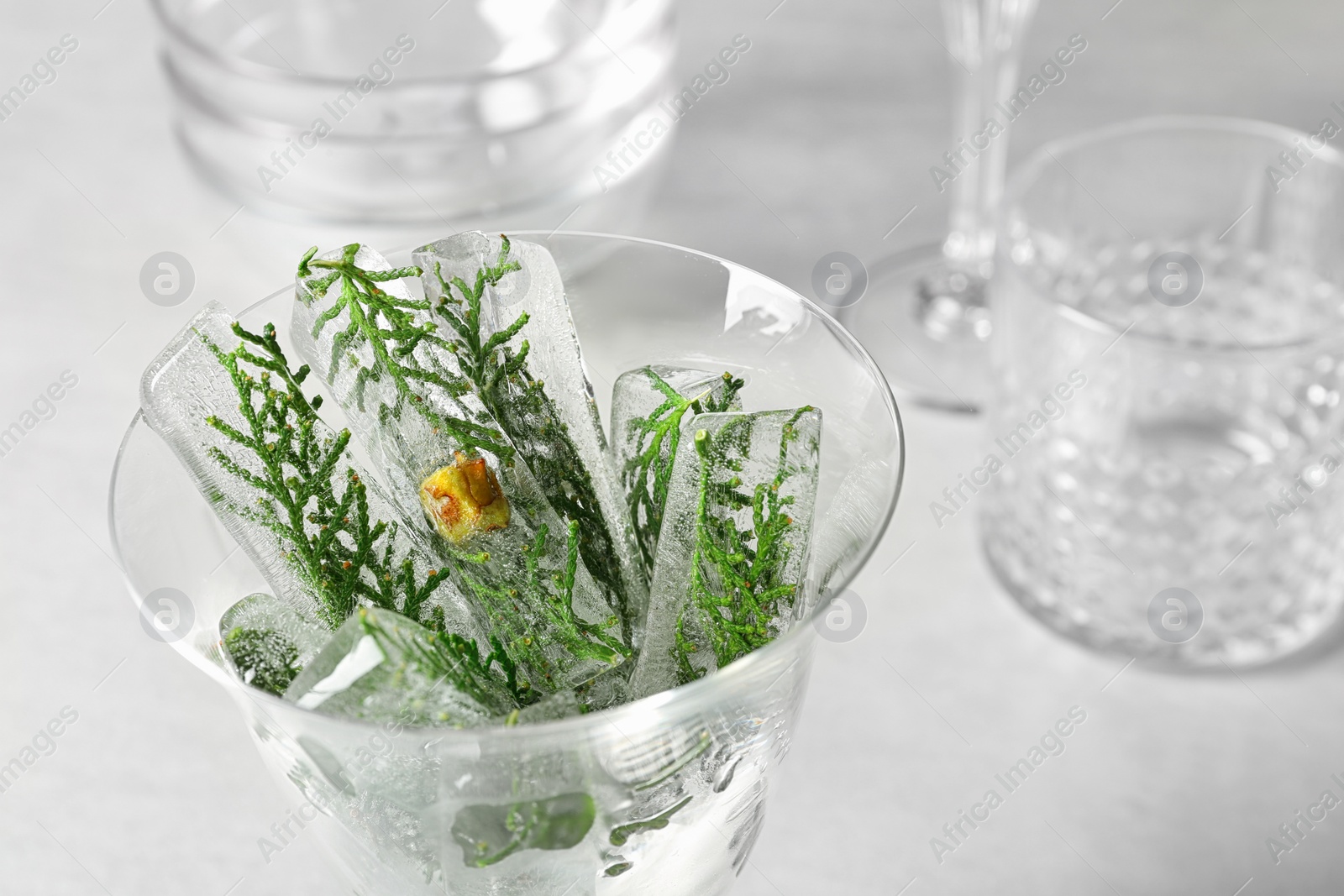 Photo of Glass of ice cubes with cedar branches on light table, closeup