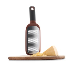 Photo of Hand grater and cheese with wooden board isolated on white
