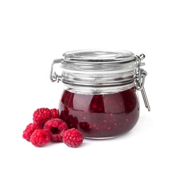 Jar with delicious raspberry jam on white background