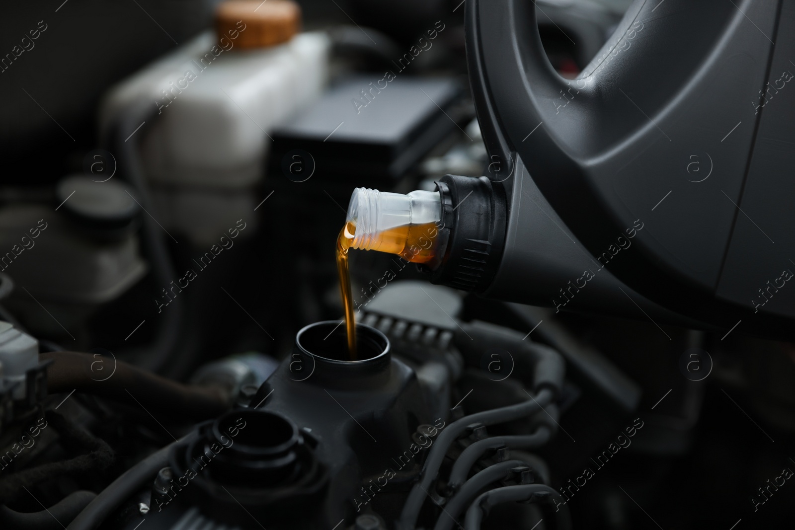 Photo of Pouring motor oil into car engine, closeup