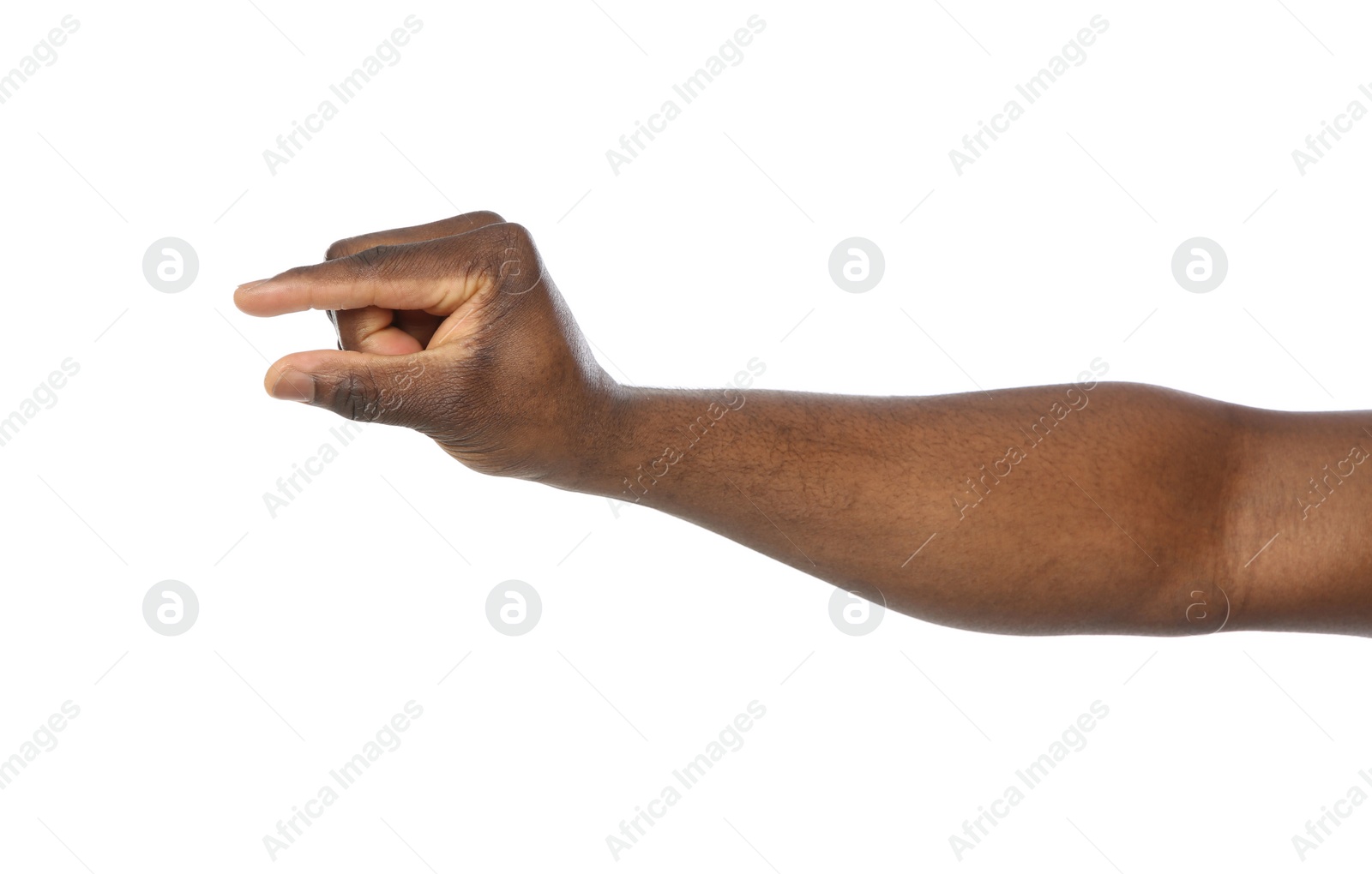 Photo of African-American man holding something in hand on white background, closeup