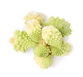 Photo of Cut fresh raw cauliflowers on white background, top view