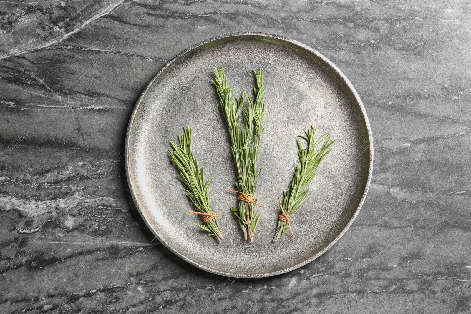 Photo of Flat lay composition with rosemary on table. Aromatic herbs