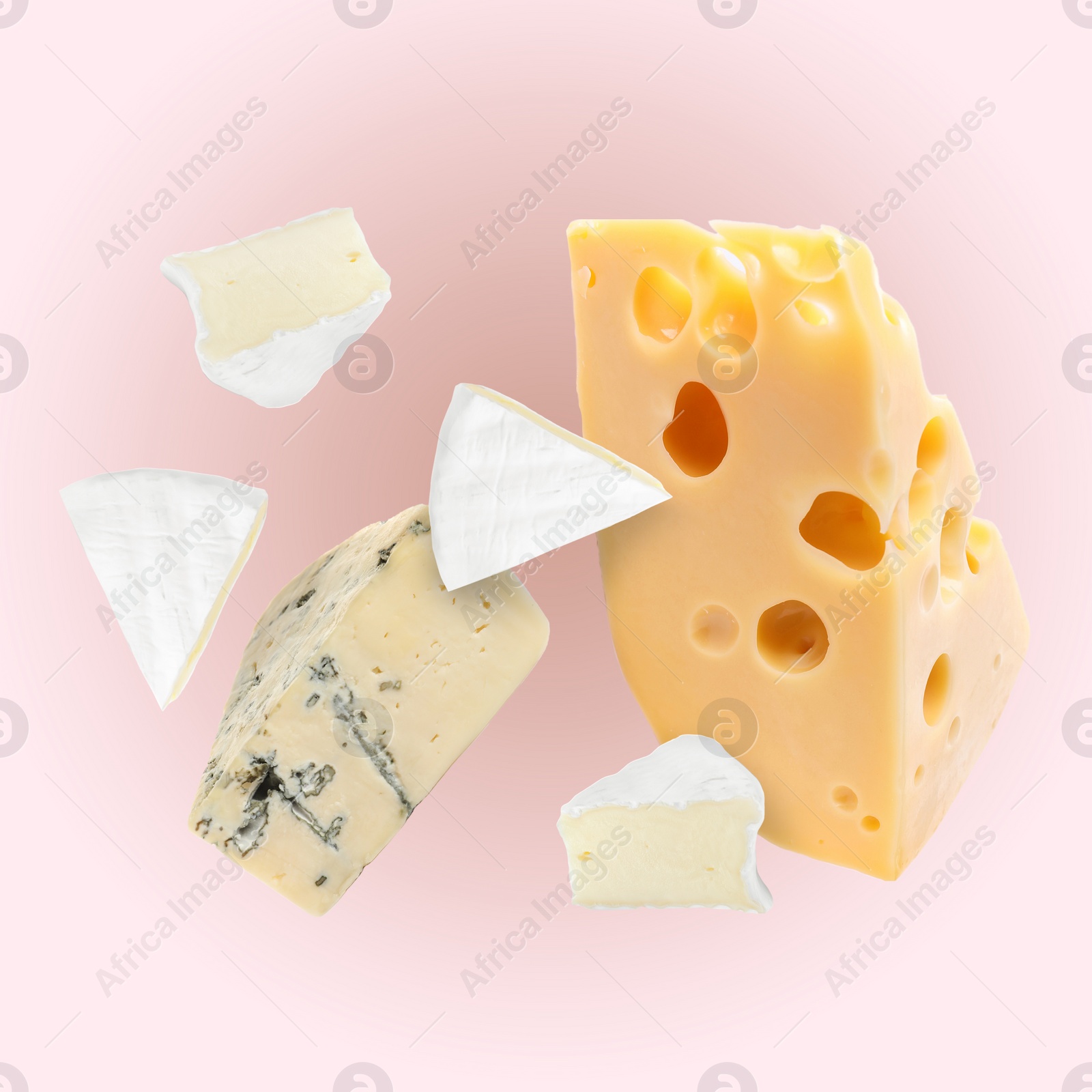 Image of Different kinds of cheese falling on light pink background