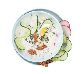 Photo of Delicious cold summer soup on white background, top view