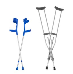 Two different crutches on white background, collage
