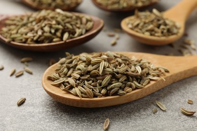 Wooden spoons with fennel seeds on grey table, closeup