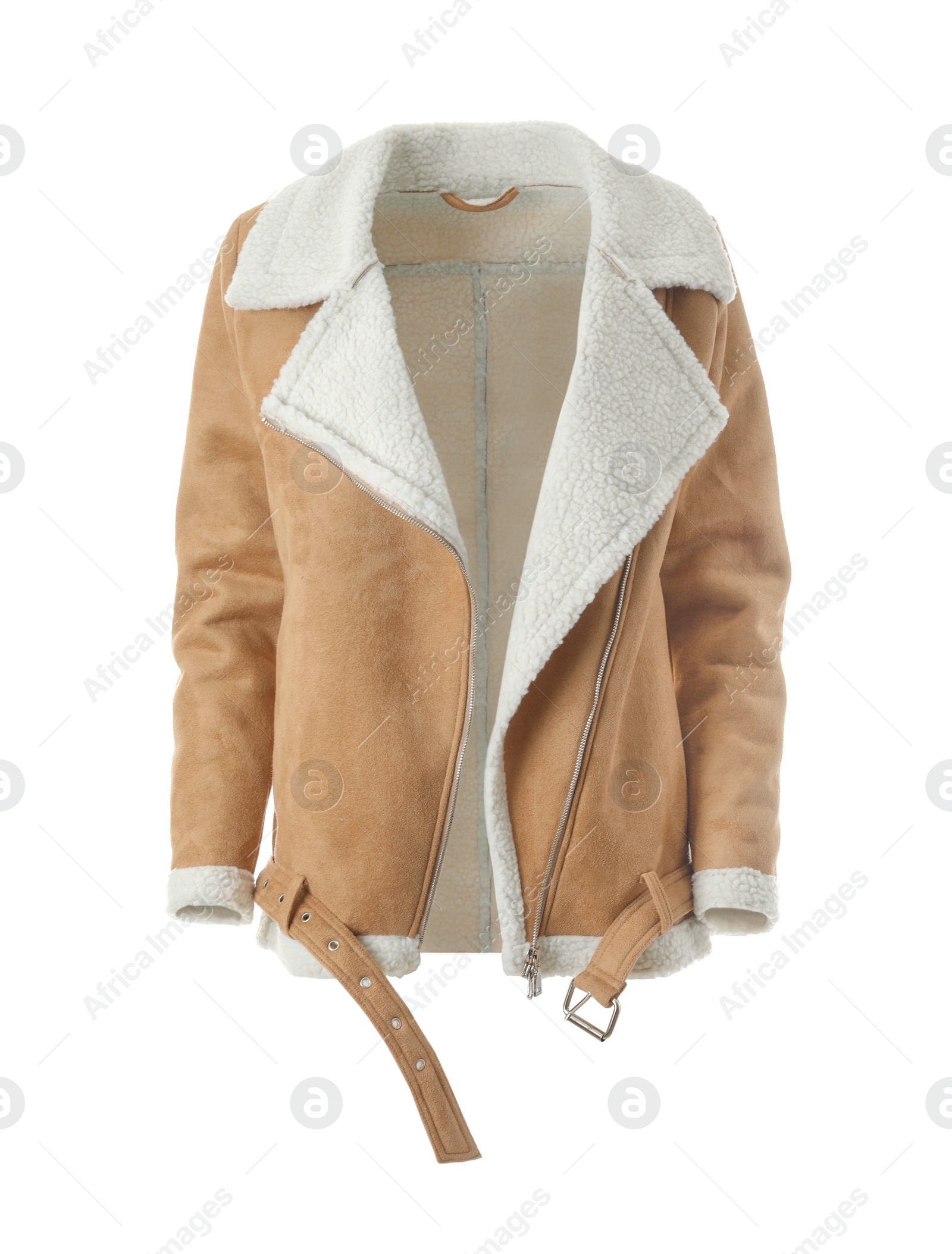 Photo of Modern stylish aviator jacket isolated on white