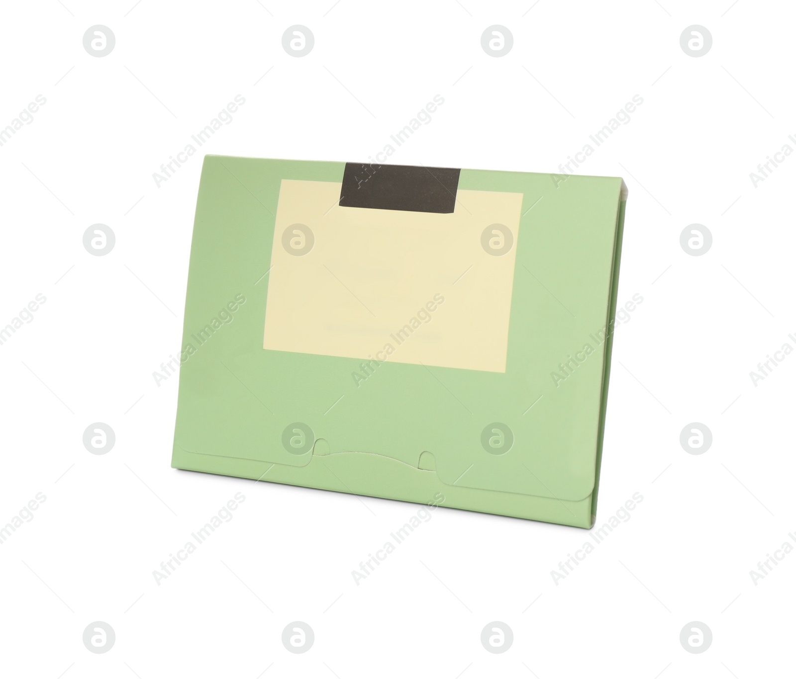 Photo of Package of facial oil blotting tissues isolated on white. Mattifying wipes