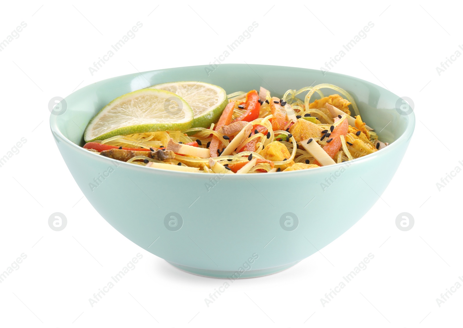 Photo of Stir-fry. Delicious cooked noodles with chicken and vegetables in bowl isolated on white