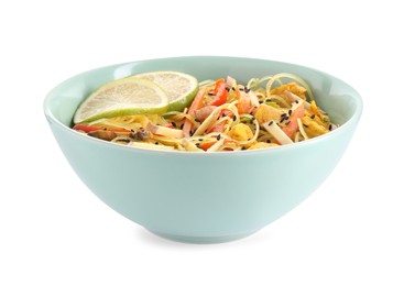 Photo of Stir-fry. Delicious cooked noodles with chicken and vegetables in bowl isolated on white