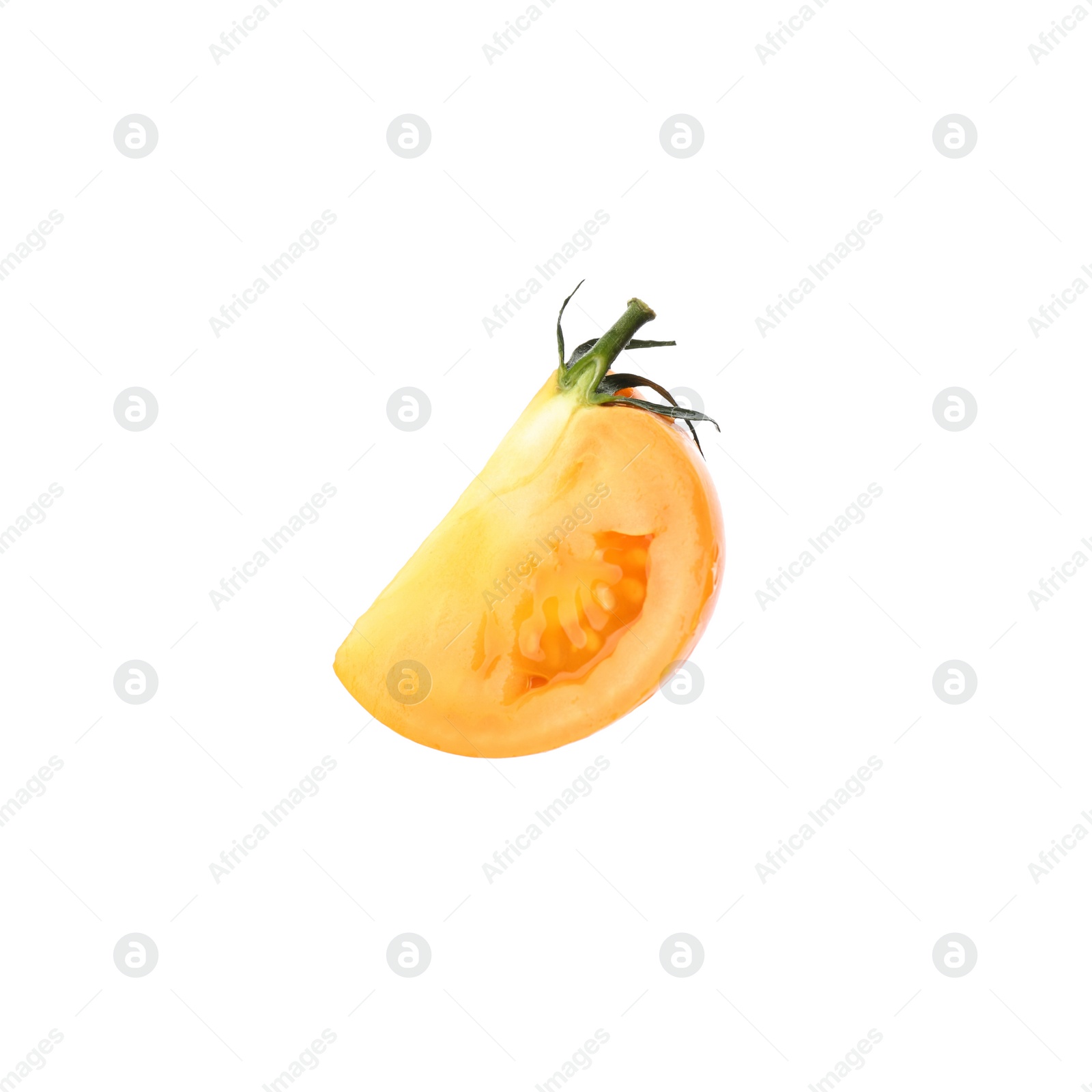 Photo of Piece of delicious ripe yellow tomato isolated on white