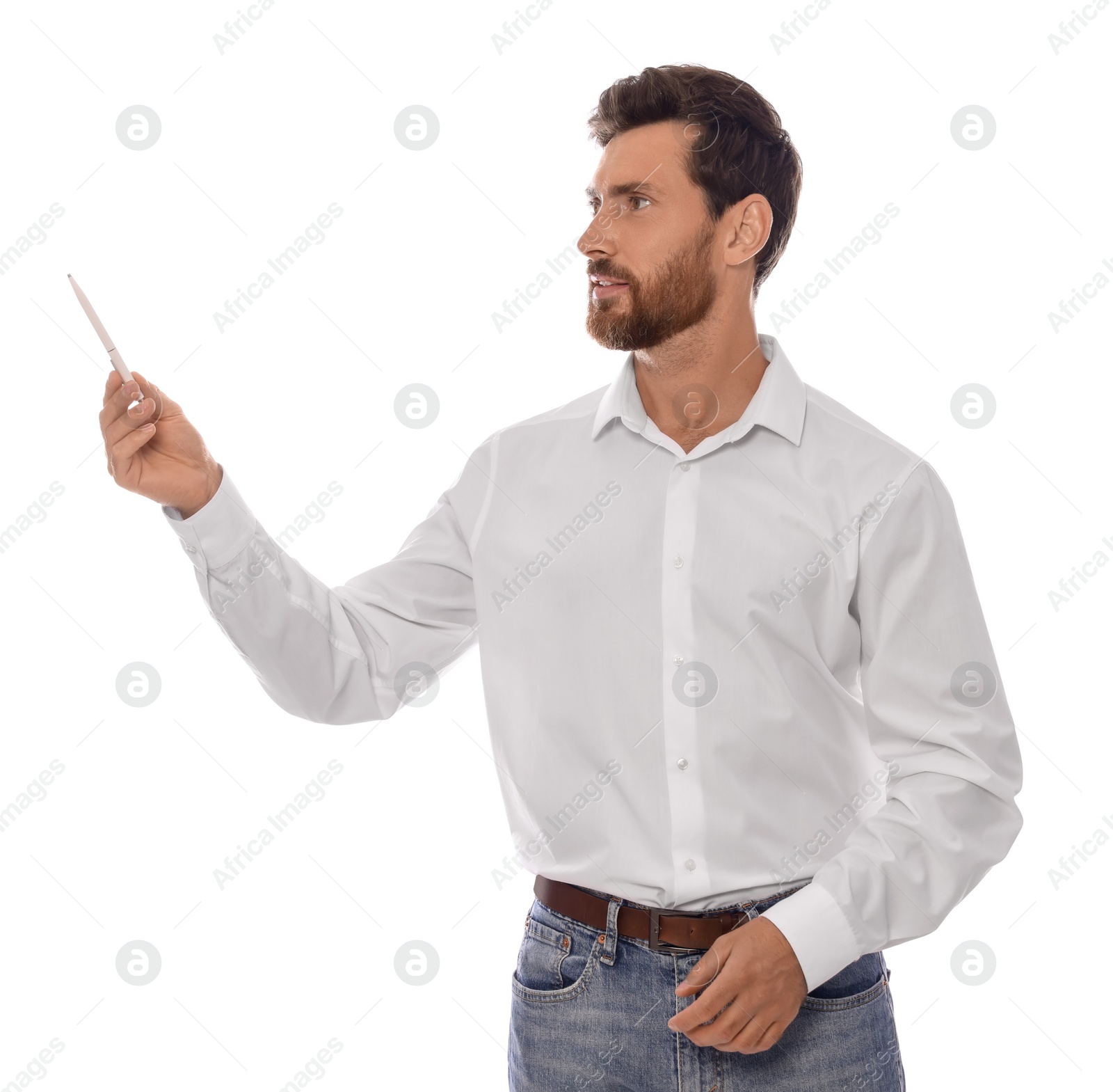 Photo of Handsome man gesturing on white background. Weather forecast reporter